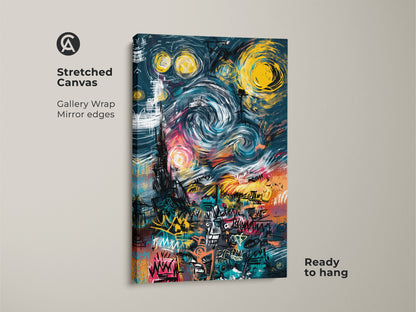 Stretched Canvas Graffiti Style Starry Night Artwork. Ready to hang canvas art with gallery wrapped mirrored edges. This art is a modern take on the original painting. Its colorful and vibrant adding an artful touch.