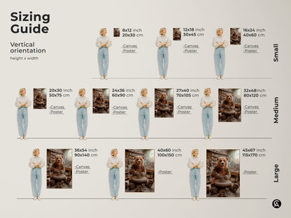 This sizing guide shows vertical orientations for the bear pottery art print. Choose from canvas or poster options. Sizes range from small to large. The whimsical animal studio wall art fits various spaces. Earth tones complement any home decor. Find the perfect fit for your space.