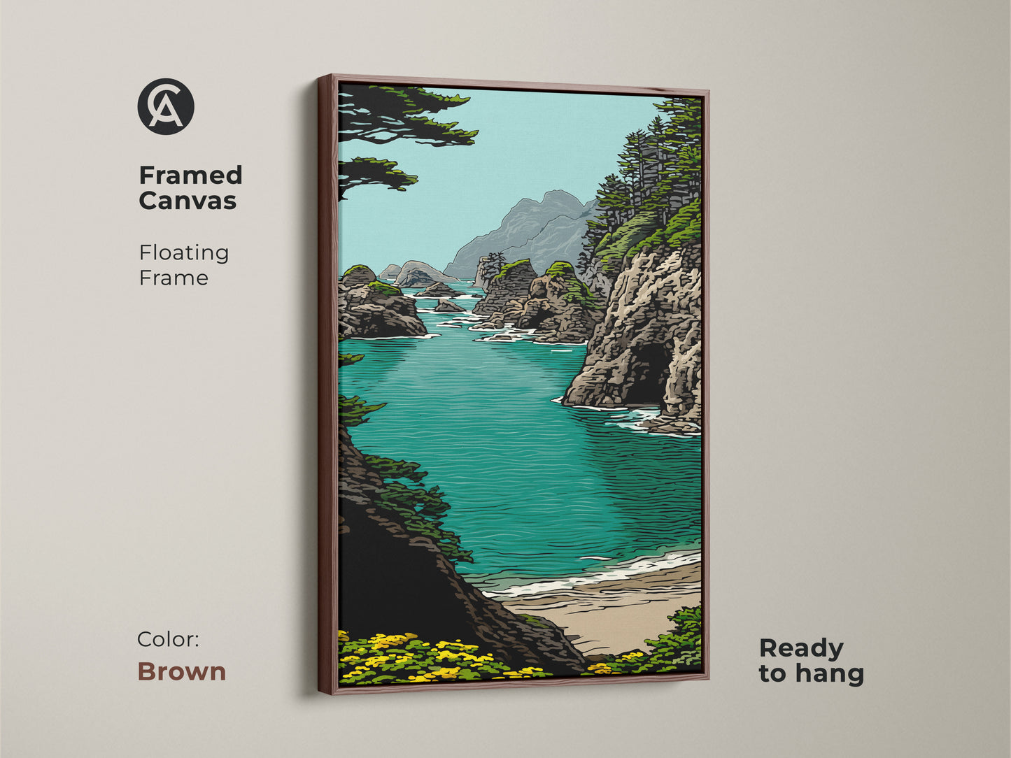 Framed canvas art in a brown floating frame displays a teal ocean landscape. Rocky cliffs and a beach scene are beautifully captured. This nature artwork adds warmth to coastal living room decor. The seaside canvas art is a great housewarming gift for beach lovers. It's ready to hang.