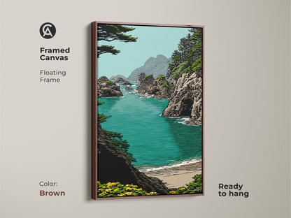 Framed canvas art in a brown floating frame displays a teal ocean landscape. Rocky cliffs and a beach scene are beautifully captured. This nature artwork adds warmth to coastal living room decor. The seaside canvas art is a great housewarming gift for beach lovers. It's ready to hang.