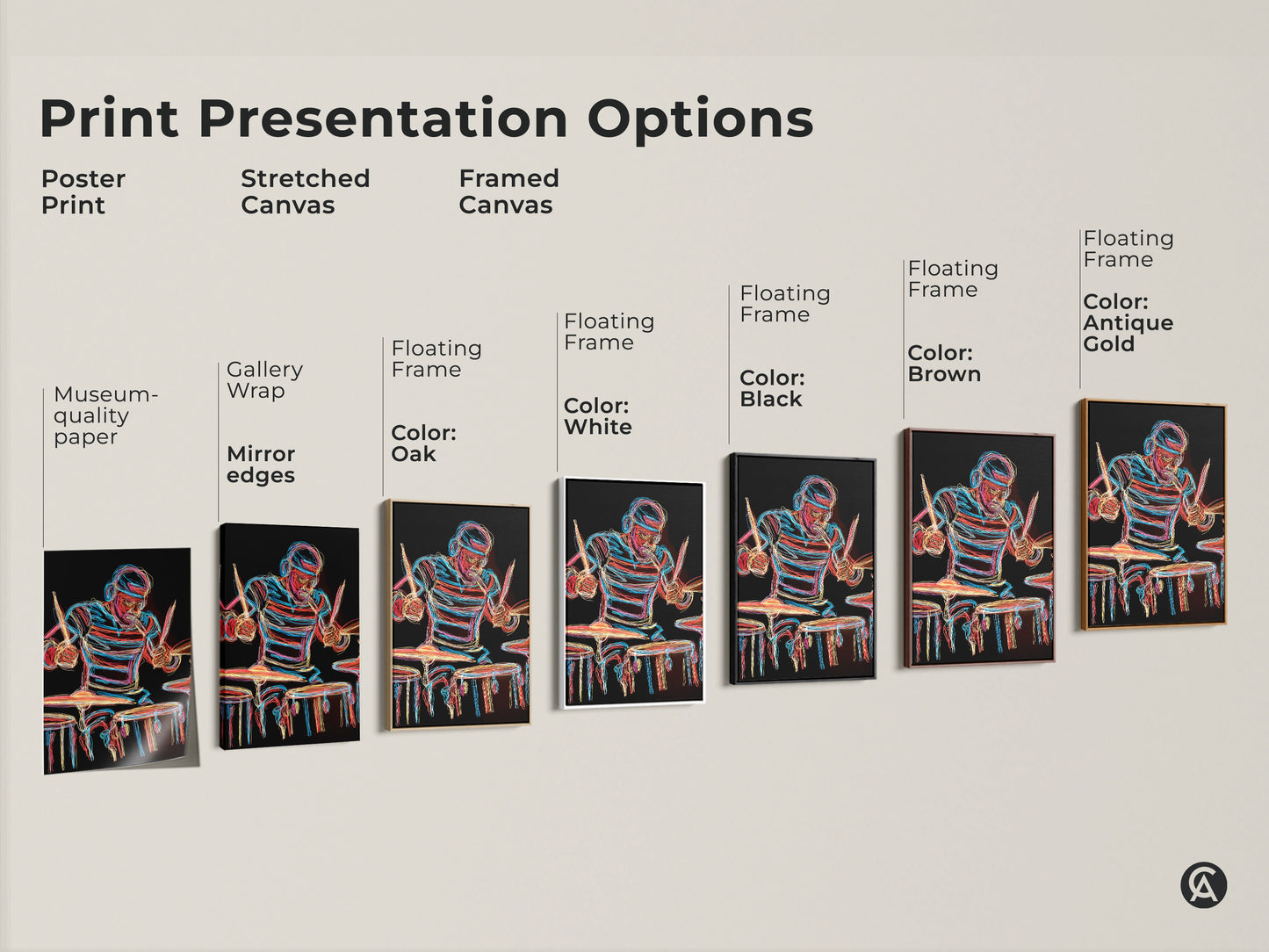 Print presentation options showcasing the Neon Drummer art. Choose from poster prints stretched canvas or framed canvas. Find the perfect style to match your home decor. The abstract line art looks great in any format.