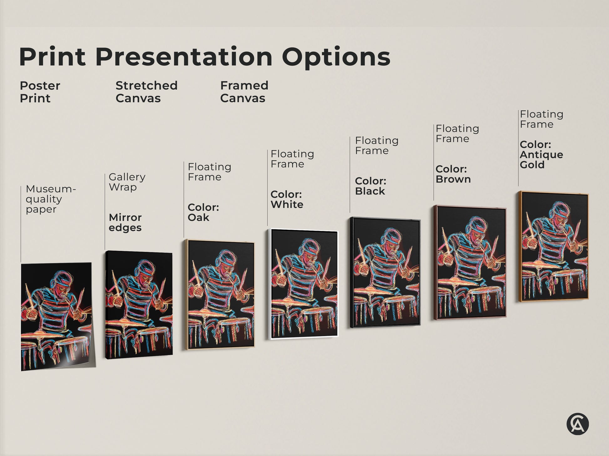 Print presentation options showcasing the Neon Drummer art. Choose from poster prints stretched canvas or framed canvas. Find the perfect style to match your home decor. The abstract line art looks great in any format.