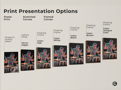 Print presentation options showcasing the Neon Drummer art. Choose from poster prints stretched canvas or framed canvas. Find the perfect style to match your home decor. The abstract line art looks great in any format.