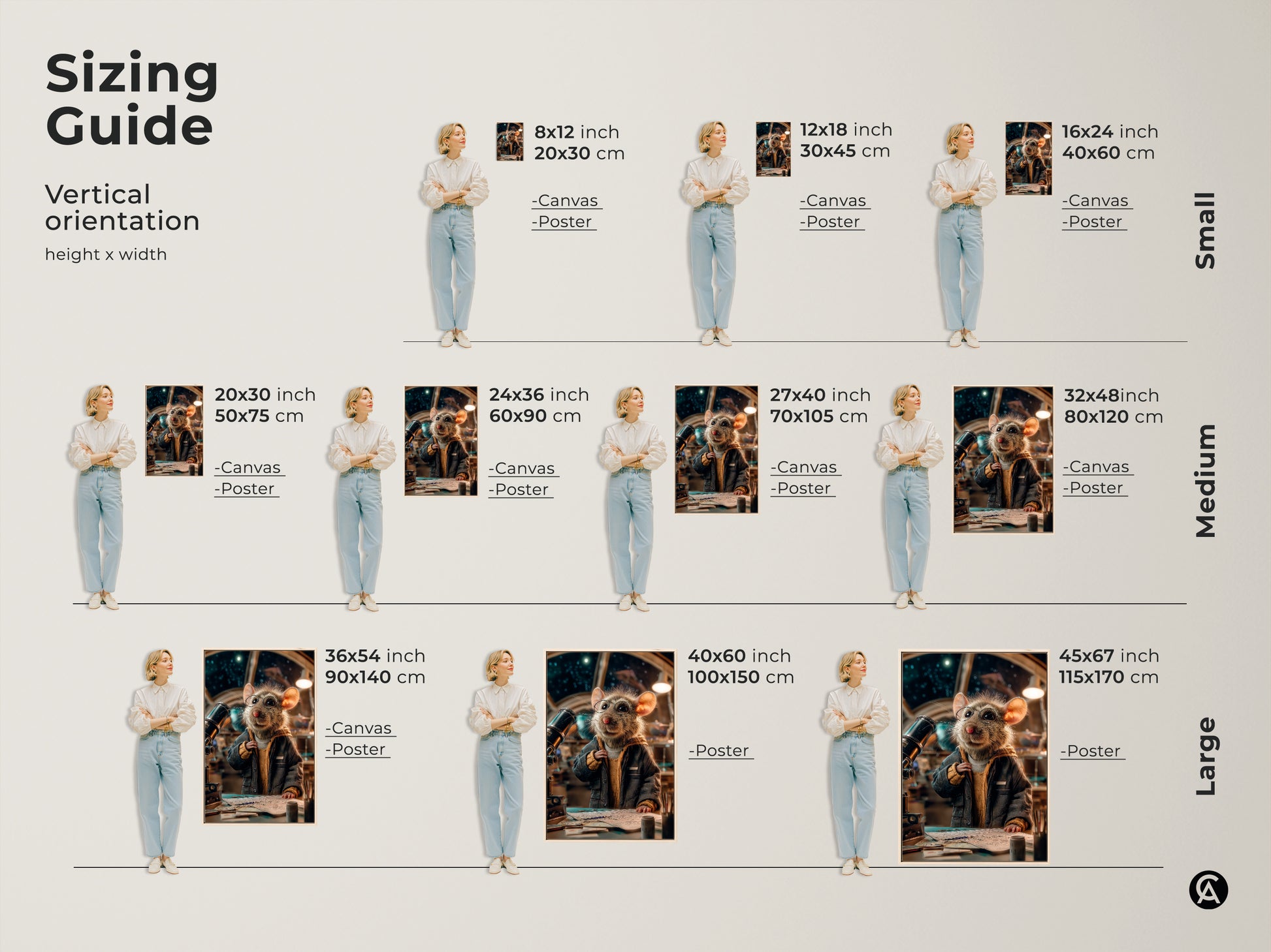 Sizing guide featuring the whimsical mouse astronaut canvas and poster prints. Visualize the artwork in various sizes from small to large. The sizes range from 8x12 inches to 45x67 inches. Ideal for planning your study room or office wall decor with this space exploration art.