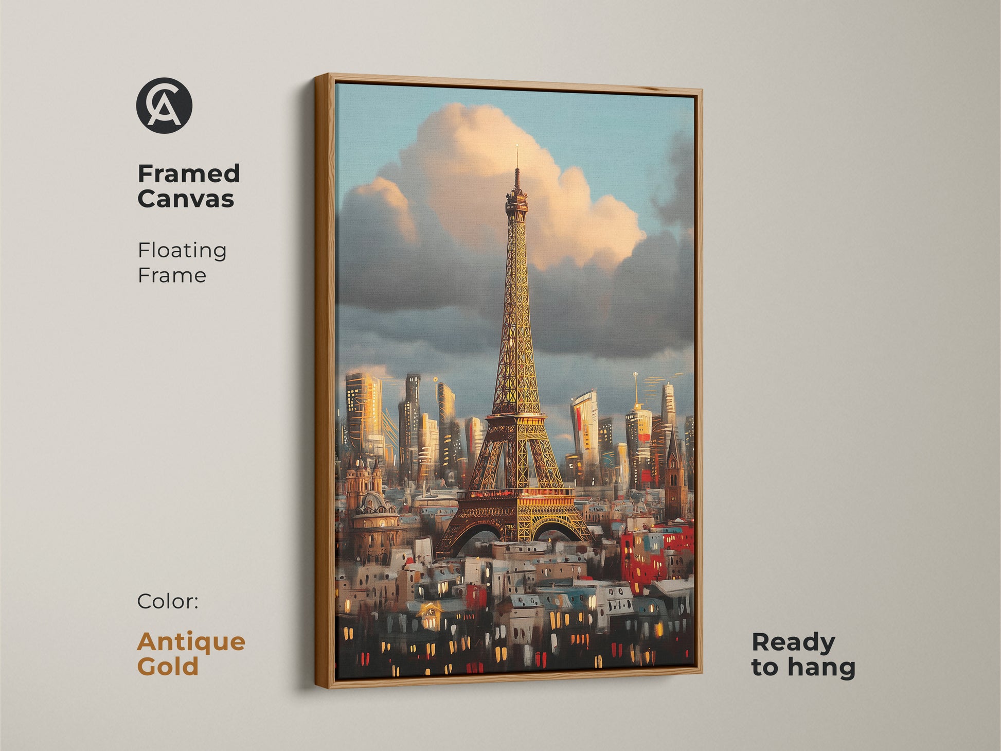 Framed canvas of the Eiffel Tower artwork with a floating antique gold frame. Ready to hang Impressionist cityscape art print. Contemporary artwork with blue orange and golden yellow hues of Paris.