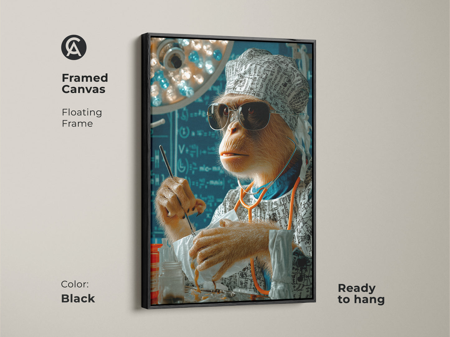 Framed canvas floating frame shows surreal surgeon monkey artwork. The black frame complements the medical humor art. Ready to hang. This animal artwork is a funny doctor gift. Perfect for adding a quirky touch to office or clinic decor. The piece features a brown monkey in a surgical scene.