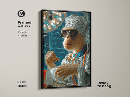 Framed canvas floating frame shows surreal surgeon monkey artwork. The black frame complements the medical humor art. Ready to hang. This animal artwork is a funny doctor gift. Perfect for adding a quirky touch to office or clinic decor. The piece features a brown monkey in a surgical scene.