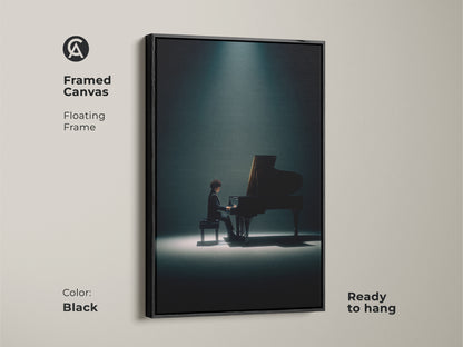 Framed canvas art of a pianist playing a grand piano. The artwork has a floating black frame. Ready to hang. This elegant music-themed artwork enhances your home decor. A sophisticated piece for any space.