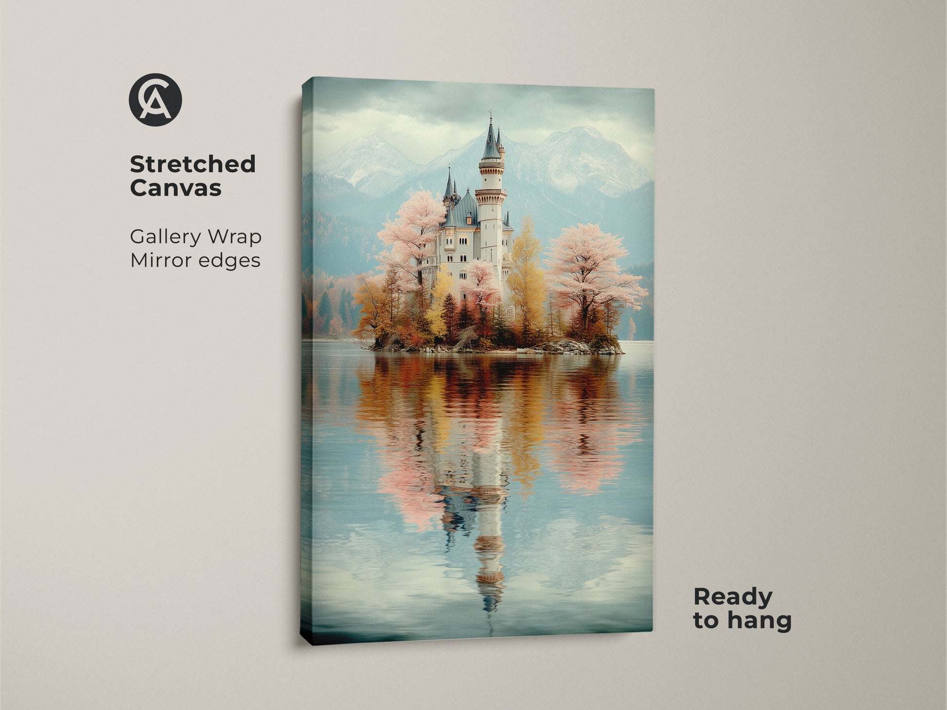 Stretched Canvas of a Pastel Castle Wall Art featuring dreamy mountain backdrop. The gallery wrapped canvas has mirror edges. This muted teal artwork is ready to hang. It’s ideal whimsical castle decor.