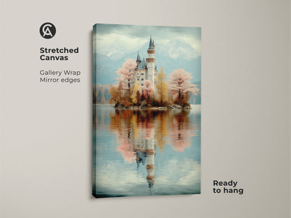 Stretched Canvas of a Pastel Castle Wall Art featuring dreamy mountain backdrop. The gallery wrapped canvas has mirror edges. This muted teal artwork is ready to hang. It’s ideal whimsical castle decor.