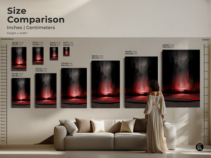 Size comparison of modern abstract canvas prints and posters. This chart showcases dark grey and crimson artwork in various dimensions. It ranges from 8x12 inches to 45x67 inches. See how this textured art fits above furniture. Perfect for planning your contemporary art arrangement.