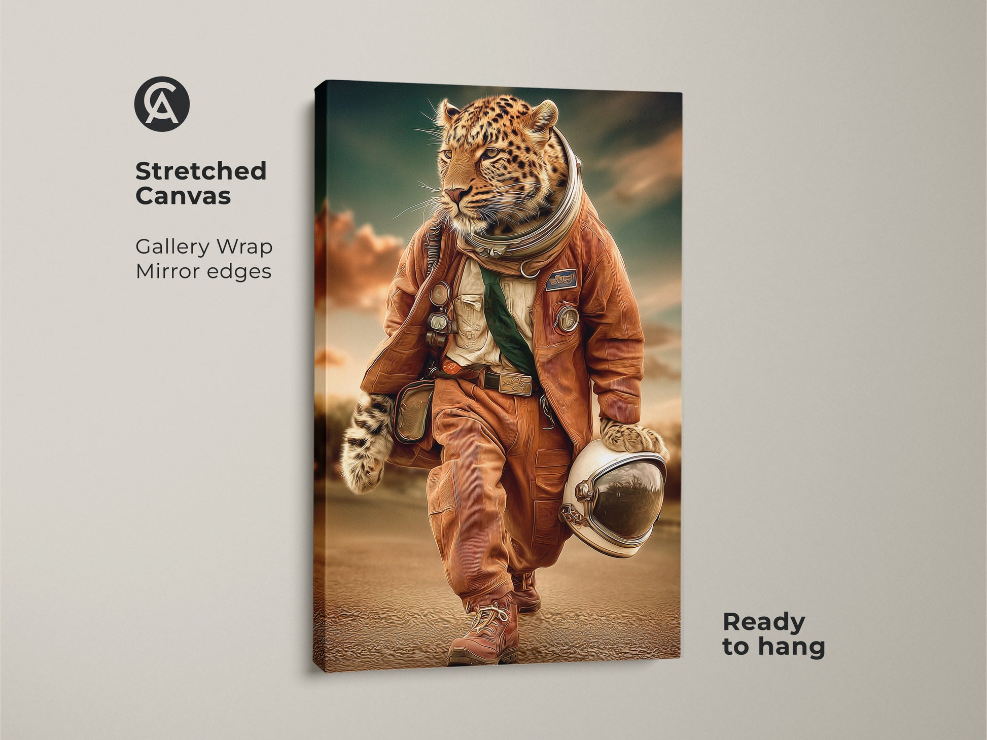 Stretched canvas leopard astronaut artwork. Gallery wrapped with mirror edges. Ready to hang. This surreal space adventure print showcases orange teal animal art. It is a modern surreal artwork and a unique wildlife art piece. Perfect gift for space lovers or eclectic office wall decor.