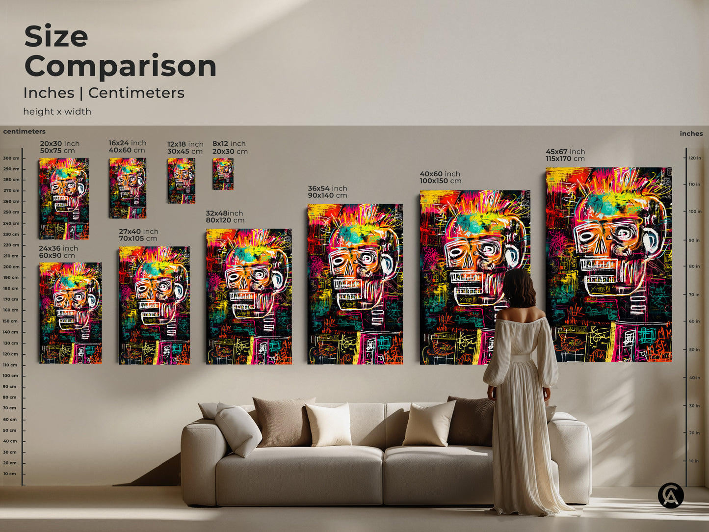 Size comparison of skull artwork prints in inches and centimeters. See how the art scales from 8x12 inches to 45x67 inches. Perfect for any room. Visualize the impact of each size in your living space. Find the ideal dimensions for your stunning art piece.