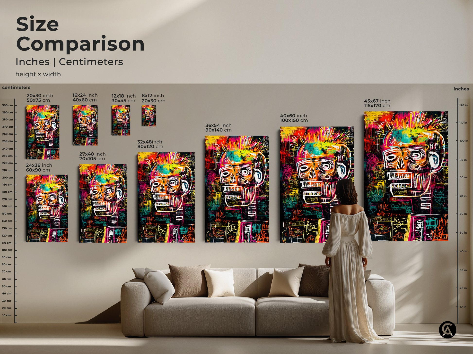 Size comparison of skull artwork prints in inches and centimeters. See how the art scales from 8x12 inches to 45x67 inches. Perfect for any room. Visualize the impact of each size in your living space. Find the ideal dimensions for your stunning art piece.