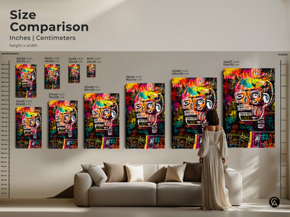 Size comparison of skull artwork prints in inches and centimeters. See how the art scales from 8x12 inches to 45x67 inches. Perfect for any room. Visualize the impact of each size in your living space. Find the ideal dimensions for your stunning art piece.