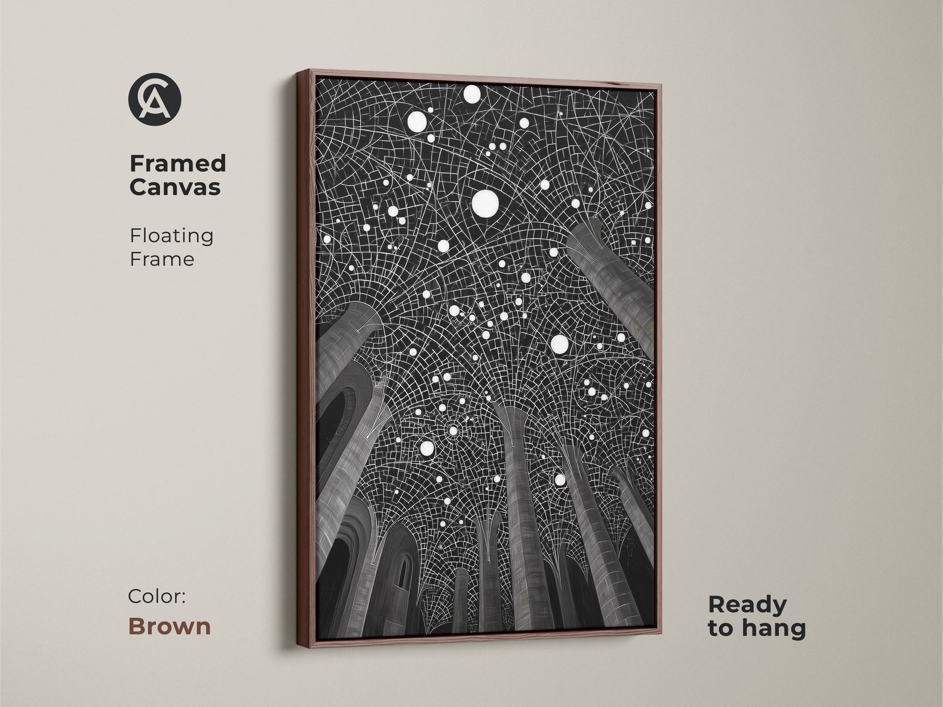Framed canvas featuring abstract black gray white art. Brown frame with floating frame. This modern architectural print enhances any room. Ready to hang minimalist artwork for housewarming gift.