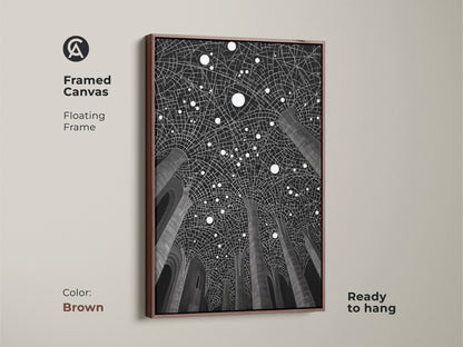 Framed canvas featuring abstract black gray white art. Brown frame with floating frame. This modern architectural print enhances any room. Ready to hang minimalist artwork for housewarming gift.