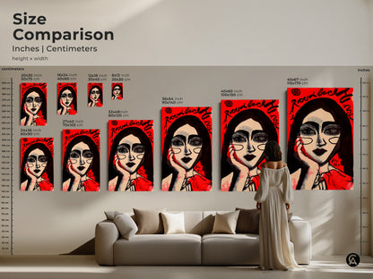 Size comparison of a modern portrait painting. See how different sizes look in a living room setting. This artwork is available in inches and centimeters. Choose the perfect scale for your space. Find your ideal art piece now.