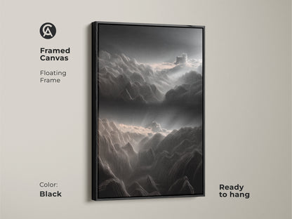 Framed canvas of abstract mountain line art. The floating frame enhances the charcoal and pink clouds landscape. This modern artwork is ready to hang. The black frame complements minimalist decor and makes a stylish statement.