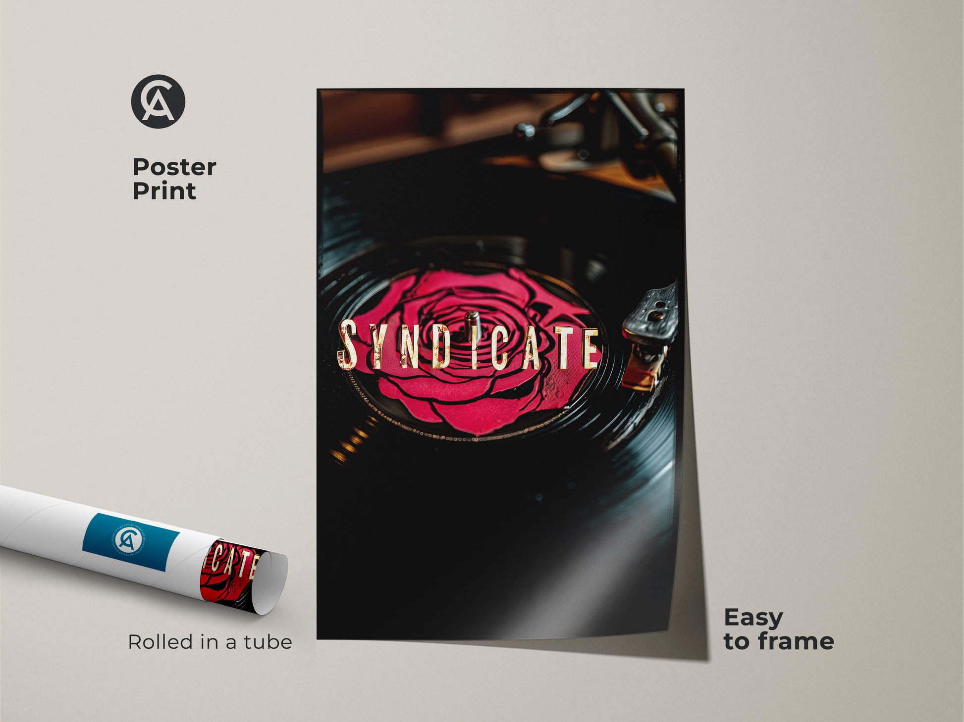 Poster print of Syndicate vinyl record art. This retro music poster features a red rose and gold typography. Easy to frame for a unique wall art piece. Perfect gift for vinyl record lover.