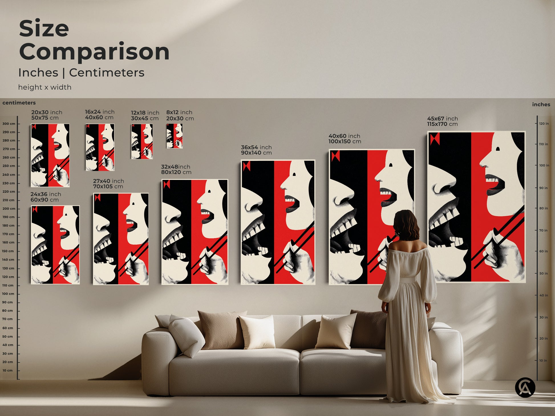 Size comparison showcasing abstract mouth art with chopsticks. See how canvas and poster art fits above a couch. Sizes range from small to large in inches and centimeters. Visualize the red cream and black artwork in your home.