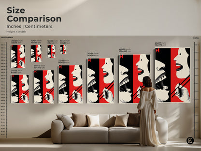 Size comparison showcasing abstract mouth art with chopsticks. See how canvas and poster art fits above a couch. Sizes range from small to large in inches and centimeters. Visualize the red cream and black artwork in your home.
