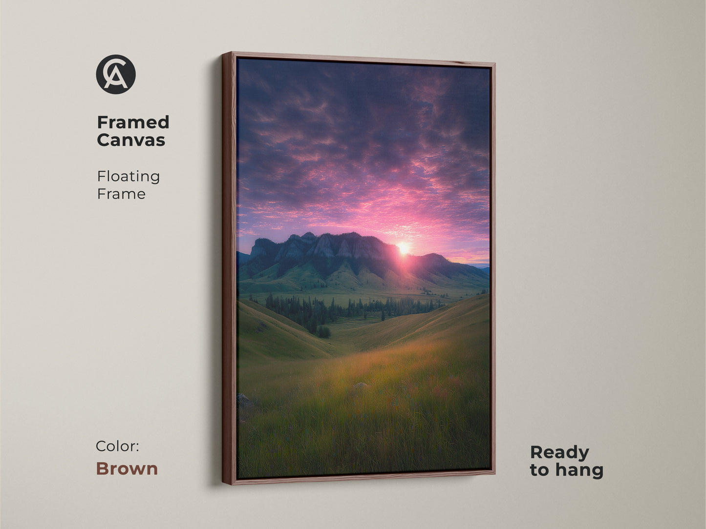 Framed canvas shows a mountain sunset with a floating brown frame. The photorealistic art features rolling hills. This nature landscape decor is ready to hang. The artwork has a dramatic sky. It is perfect for modern farmhouse style. This is a great gift for hikers and outdoor enthusiasts.