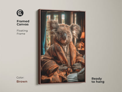 Framed canvas with a brown floating frame showcases this photorealistic koala artwork. Ideal art print for her or him. Cozy bedroom wall decor for animal parents. Ready to hang in any residential space.