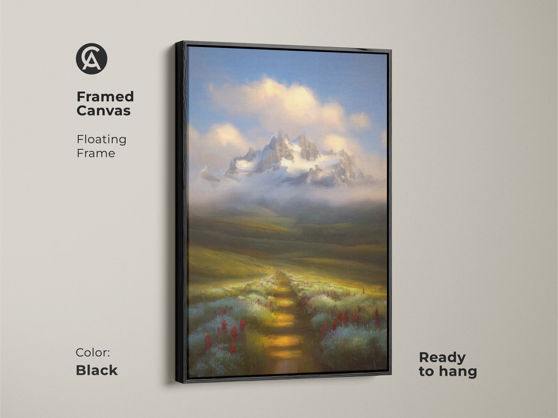 Framed canvas of an impressionistic mountain landscape with a black floating frame. The artwork features a wildflower path up to snowy peaks. Ready to hang rustic wall decor.