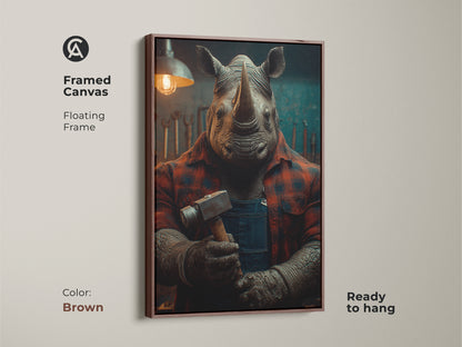 Rhino mechanic canvas wall art in an antique gold floating frame. Ready to hang this artwork brings surrealism to your garage. The rhino wears a red plaid shirt and blue overalls. It is perfect for a man cave or home office. This industrial style print is a unique animal canvas.