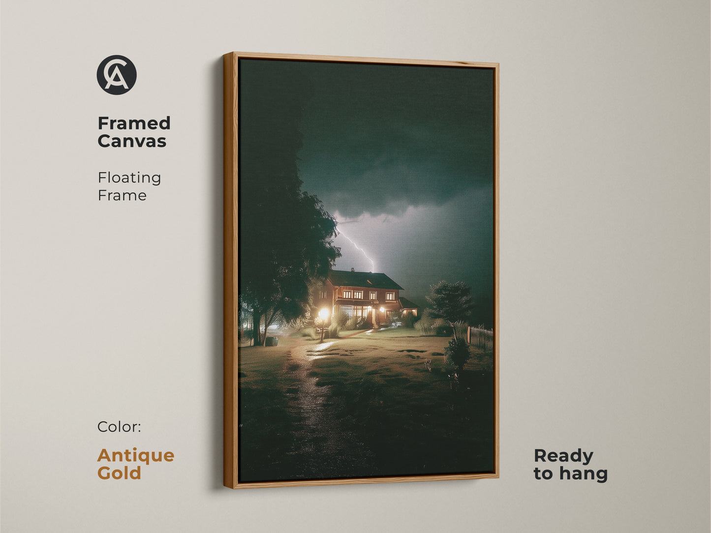 Antique gold frames this canvas print showing a house struck by lightning. This atmospheric nature artwork adds a dramatic touch to any room. The floating frame enhances the dark blue and yellow tones. Makes a modern home decor and a unique landscape print.