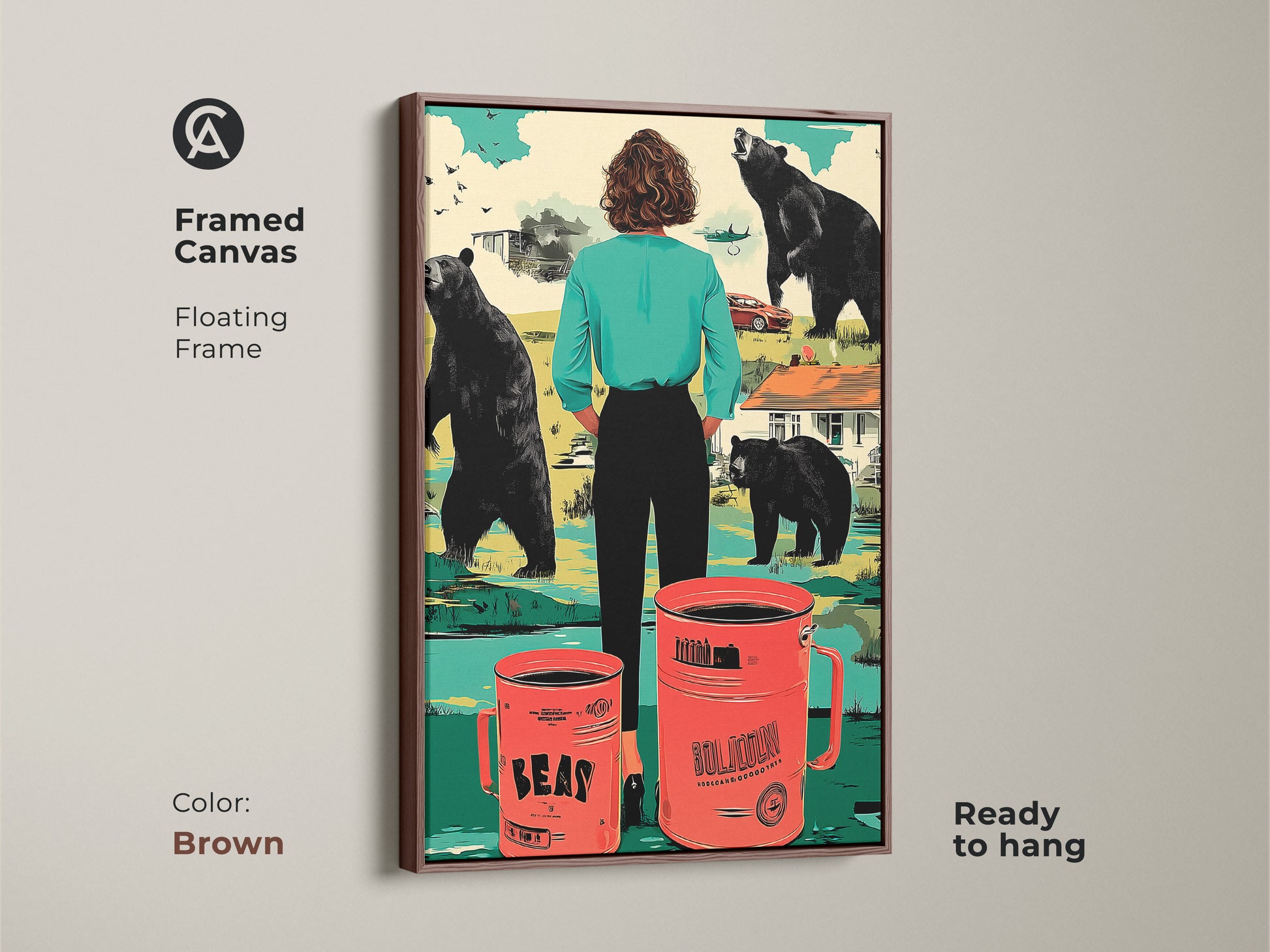 This framed canvas features a floating frame in brown. The surreal bear artwork brings a unique living room art idea. The teal orange decor will enhance any space. It makes a memorable housewarming gift for coffee enthusiasts.