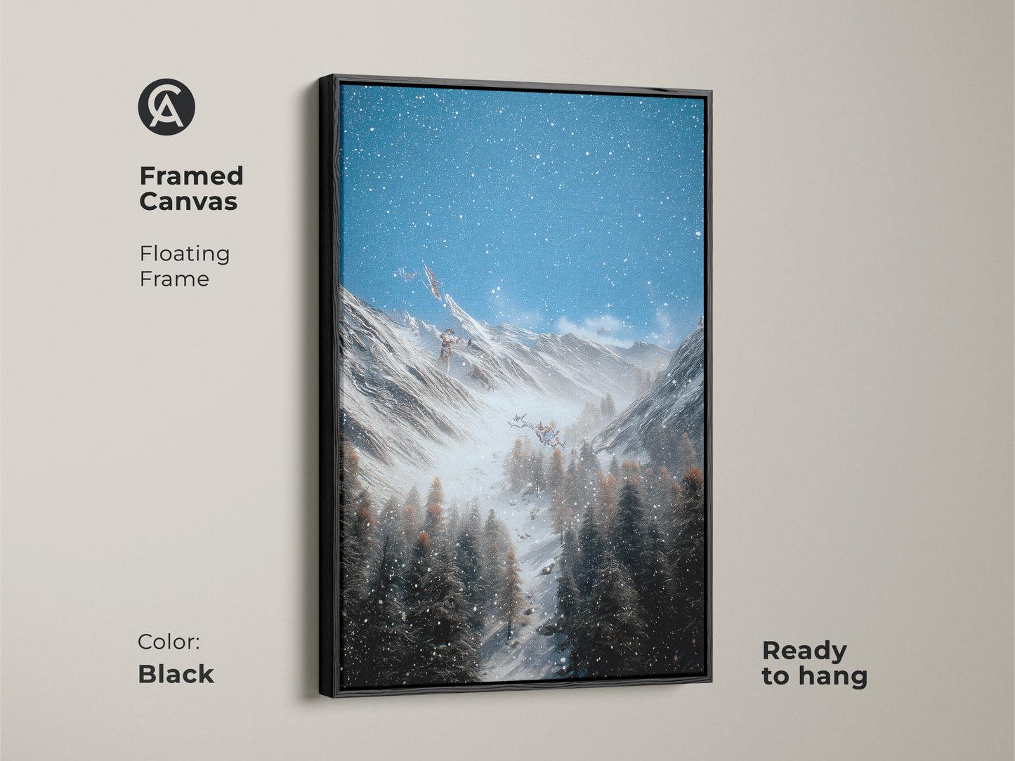 Framed in black this canvas art captures a snowy winter mountain scene. The floating frame enhances the blue gray nature artwork. This rustic landscape wall art is ready to hang. The mountain forest artwork brings a serene touch to any bedroom or cabin. A perfect gift for hikers and nature lovers.