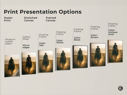 Print Presentation Options: Poster Stretched Canvas and Framed Canvas options. The Cowboy on Horseback artwork is displayed in various frame colors and styles. Find the perfect museum-quality Western art to complement any decor and space. Great for Father's Day gifts.