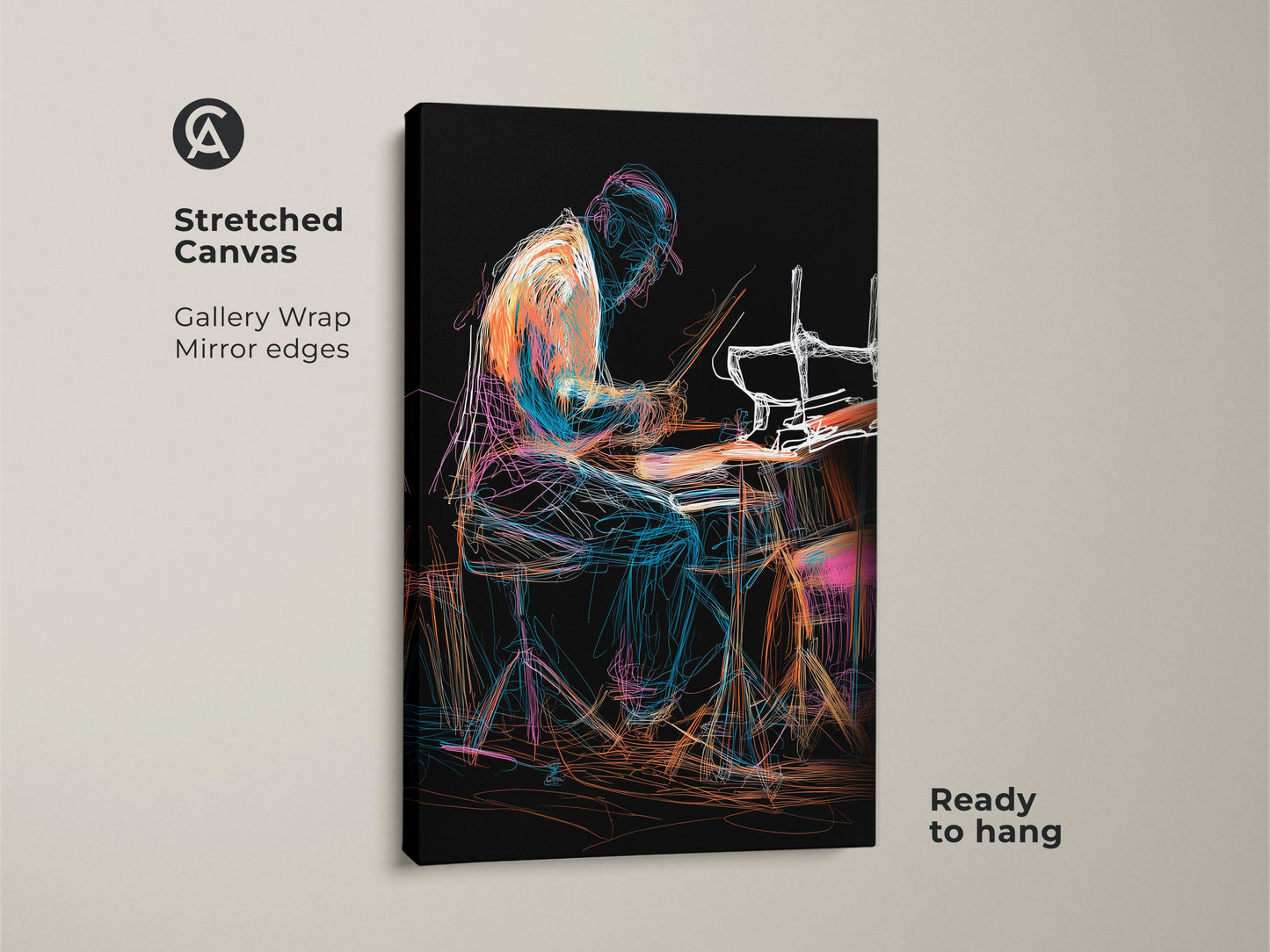 Stretched canvas showcasing abstract drummer art. The gallery wrap with mirrored edges enhances the line art musician print. Ready to hang eclectic drum set canvas in orange blue and teal. This artwork is ideal for music themed wall art.
