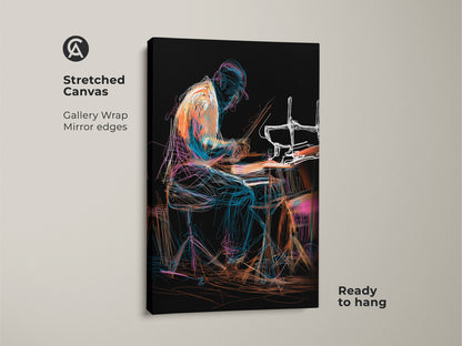 Stretched canvas showcasing abstract drummer art. The gallery wrap with mirrored edges enhances the line art musician print. Ready to hang eclectic drum set canvas in orange blue and teal. This artwork is ideal for music themed wall art.