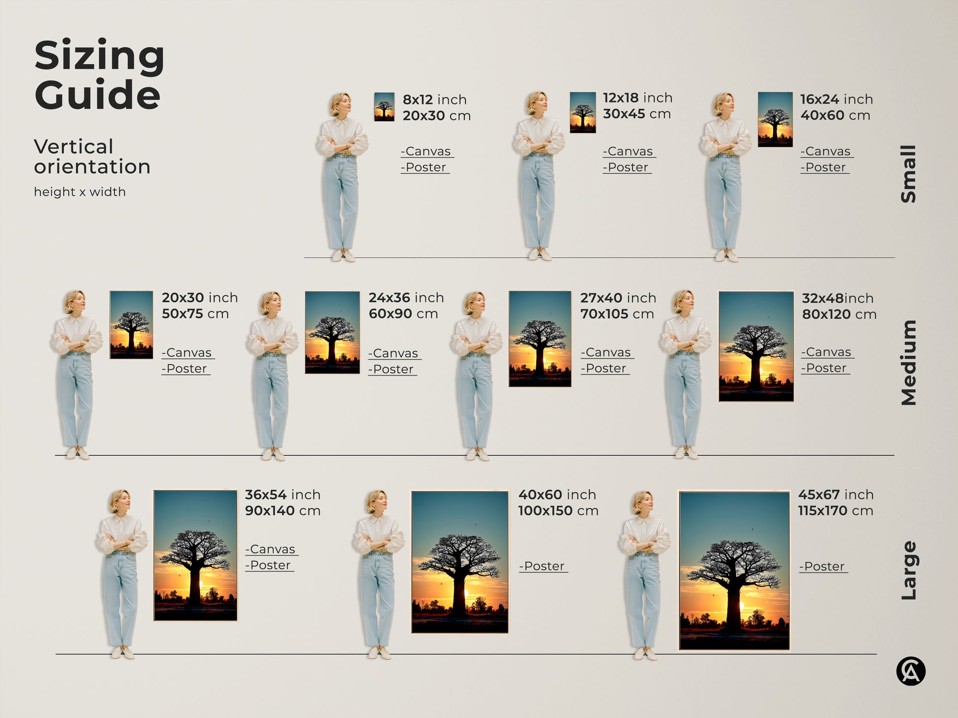 Sizing guide for the Sunset Baobab Tree art print. See how the canvas and poster options look in different sizes. Find the perfect fit for your space. Enhance your boho bedroom wall decor.
