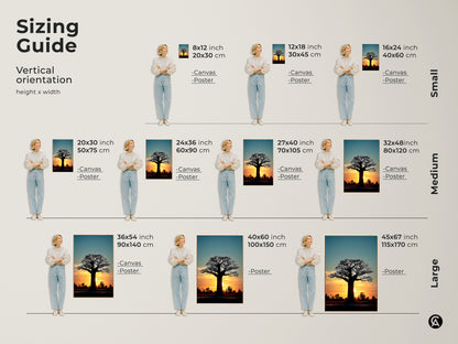 Sizing guide for the Sunset Baobab Tree art print. See how the canvas and poster options look in different sizes. Find the perfect fit for your space. Enhance your boho bedroom wall decor.