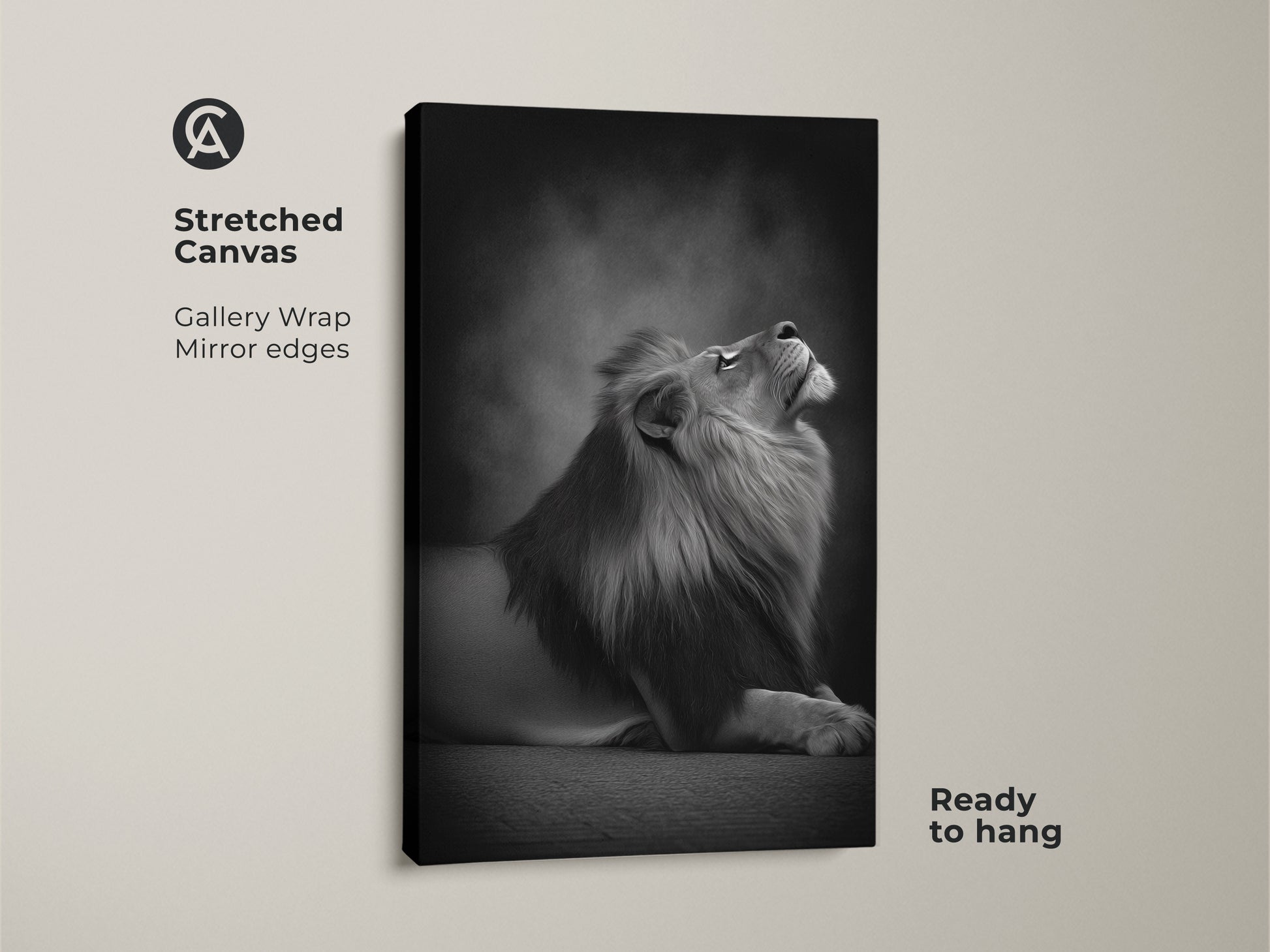 Stretched canvas featuring a photorealistic lion. Gallery wrap with mirror edges showcases this monochrome animal artwork. Ready to hang black and white lion print for a modern touch. Ideal wildlife canvas art.