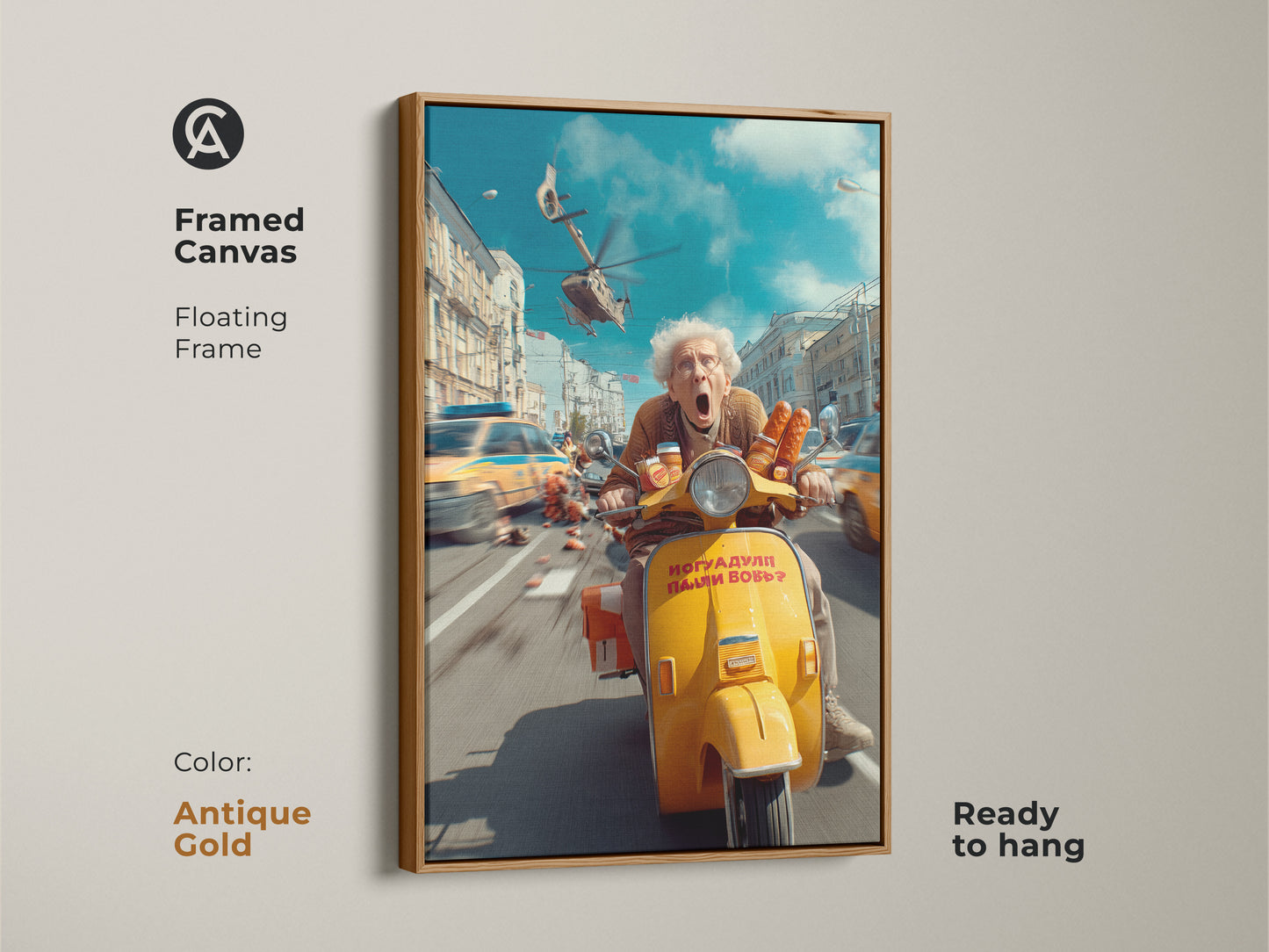 Framed in antique gold this canvas artwork features an elderly woman on a scooter. This quirky piece brings an eclectic and humorous touch to any space. It's ready to hang adding a unique accent to your home decor.