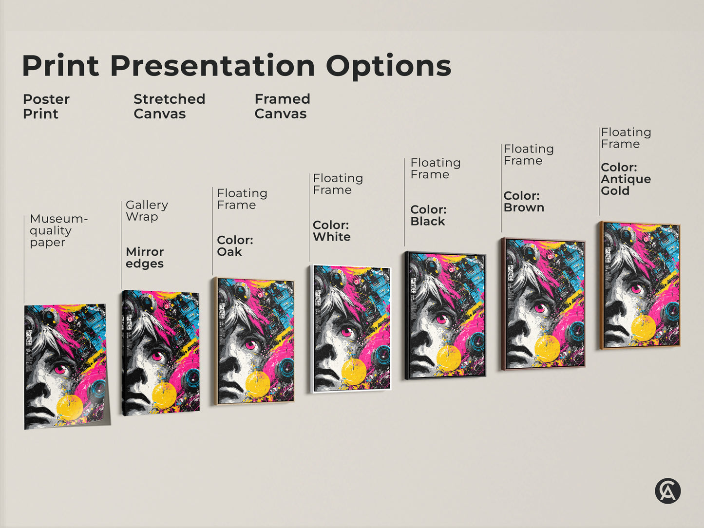 Explore print presentation options for abstract portrait artwork. Choose from poster prints stretched canvas and framed canvas. Find the perfect style to match your decor. Options include gallery wrap and floating frames in various colors. The artwork is vibrant and modern.