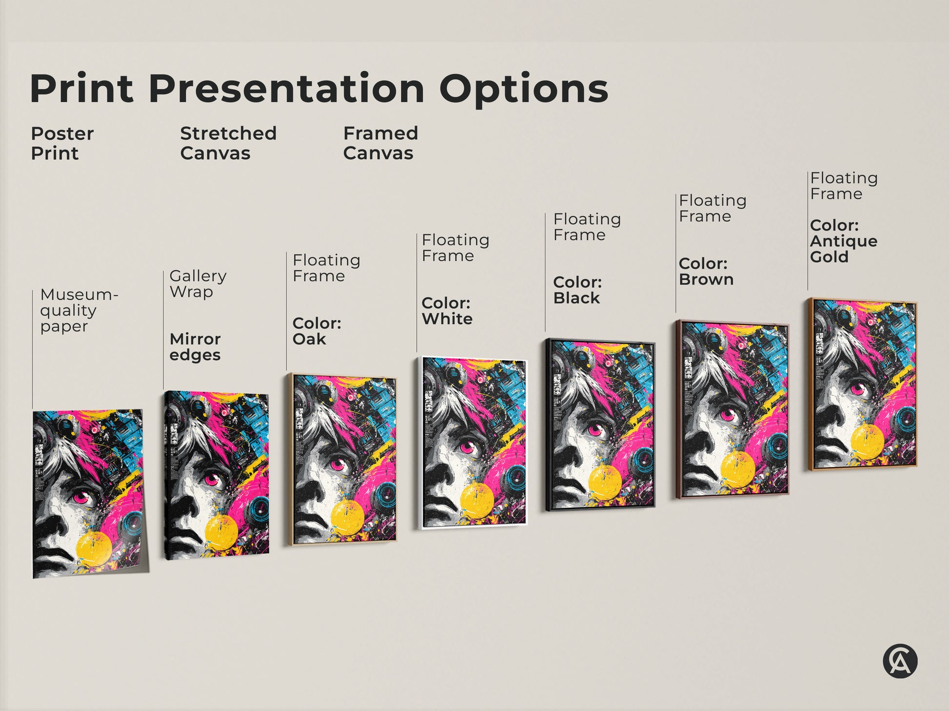 Explore print presentation options for abstract portrait artwork. Choose from poster prints stretched canvas and framed canvas. Find the perfect style to match your decor. Options include gallery wrap and floating frames in various colors. The artwork is vibrant and modern.