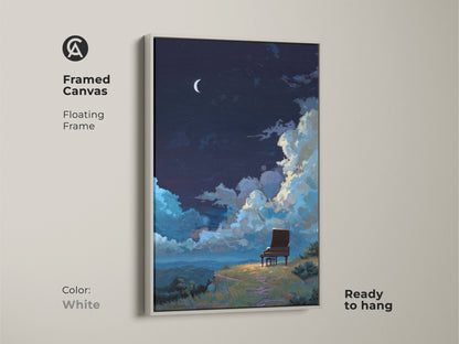 Framed canvas with floating frame in white showcasing calm bedroom wall decor. This surreal landscape canvas is ready to hang. Night sky with piano art for eclectic homes.