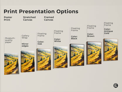 Print presentation options for golden hills artwork. Poster print stretched canvas and framed canvas options are displayed. Choose from black brown antique gold or oak frames. Find the perfect scenic landscape canvas art.