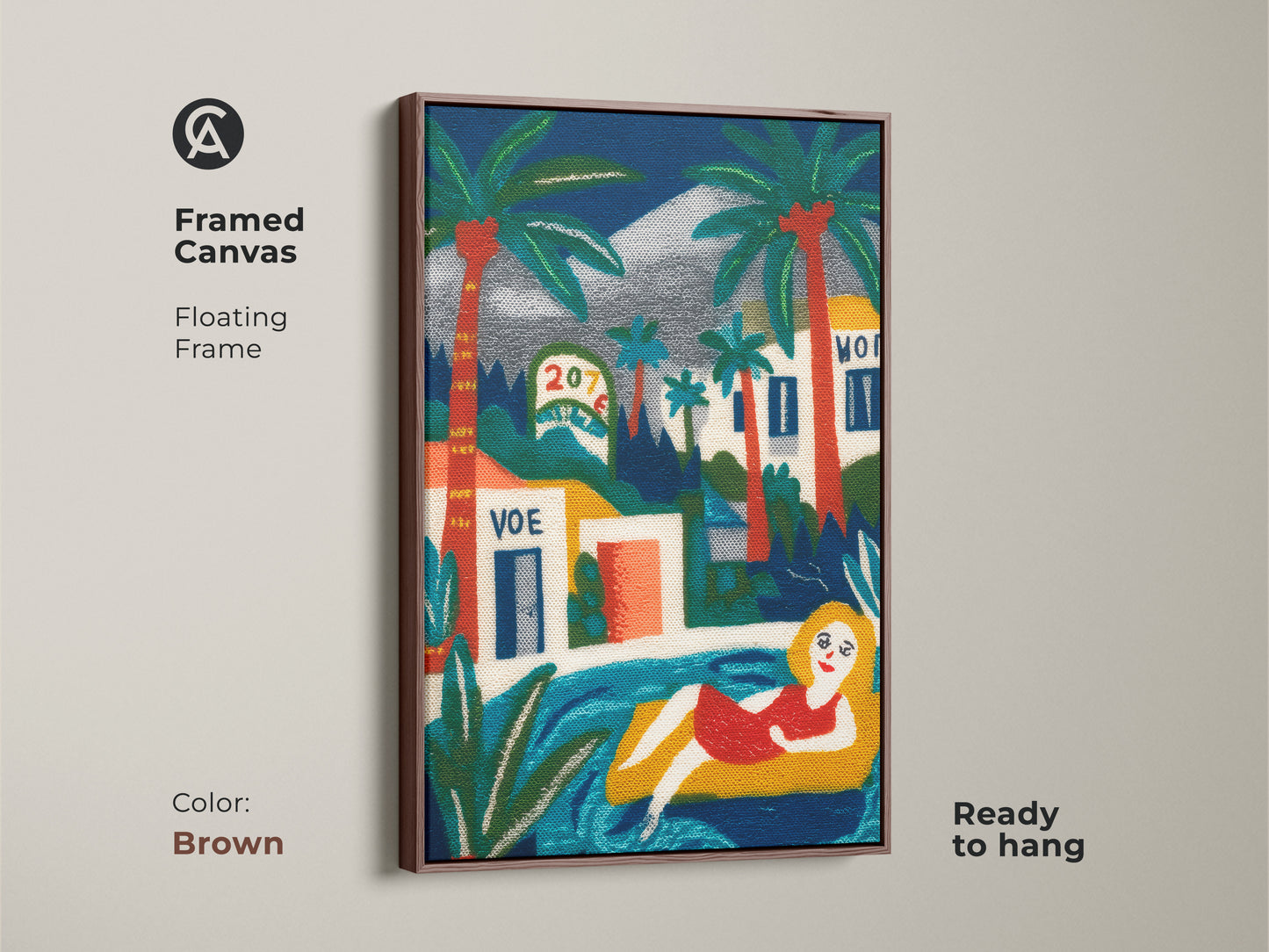 Framed canvas art print with a brown floating frame showcasing a woman lounging by the pool. The artwork features palm trees and buildings in the background. Ready to hang and perfect for adding a touch of summer to your home. The warm tones and vacation setting create a relaxing atmosphere. Enhance your space with this art.