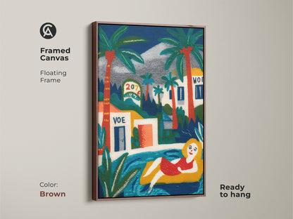Framed canvas art print with a brown floating frame showcasing a woman lounging by the pool. The artwork features palm trees and buildings in the background. Ready to hang and perfect for adding a touch of summer to your home. The warm tones and vacation setting create a relaxing atmosphere. Enhance your space with this art.