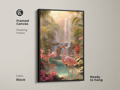 Framed canvas art with a black floating frame showcasing tropical flamingos and a waterfall. Ready to hang and adds a touch of nature to your home. This pink bird nature print is perfect for bird lovers.