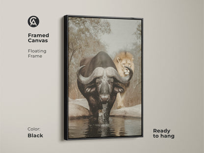Framed canvas featuring an African buffalo and lion. This black floating frame enhances the sepia wildlife art. It's ready to hang. Ideal for office safari decor. The earthy tones nature print brings the savanna's spirit to your home.