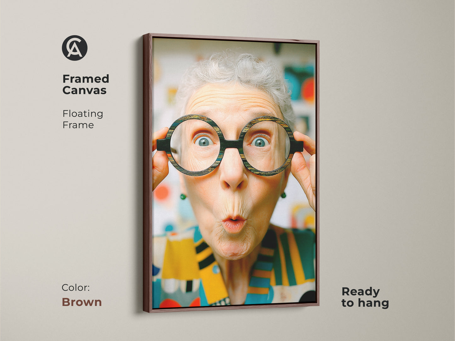 Framed canvas art with a floating frame in brown. Features a woman with oversized glasses. This ready-to-hang piece adds a touch of humor and charm to your space.
