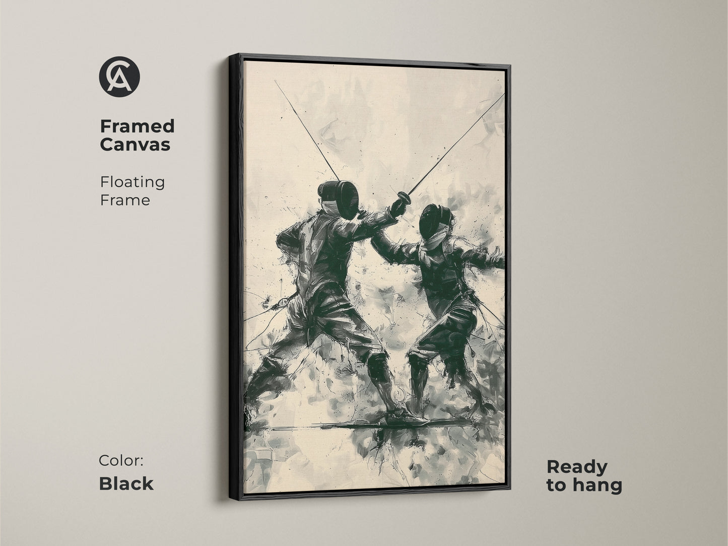 Framed Canvas of a fencing duel. The floating frame enhances the modern sports art. This dark green beige and black piece is ready to hang. An excellent gift for fencers and a stylish addition to any office or home gym.